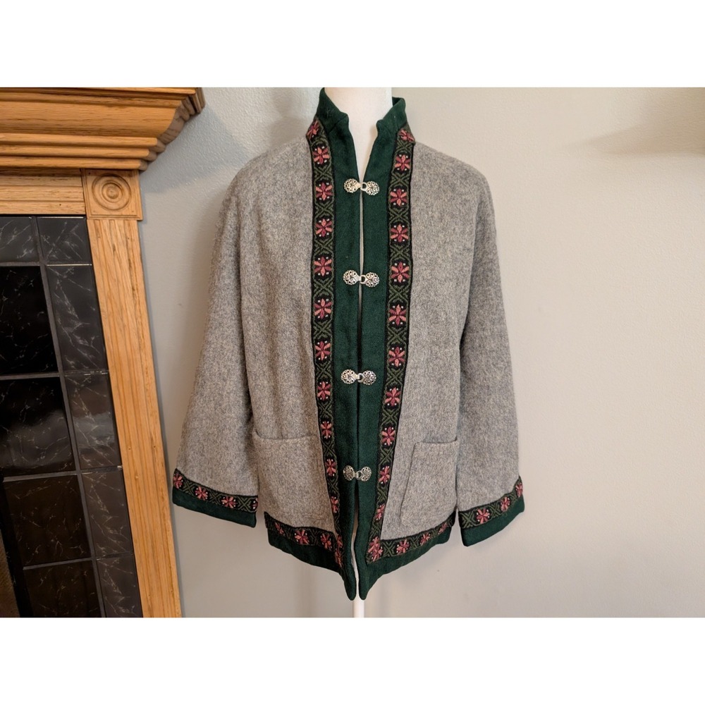 Heimdall Handmade Norwegian Embroidered Gray and Green Wool Coat Size Medium